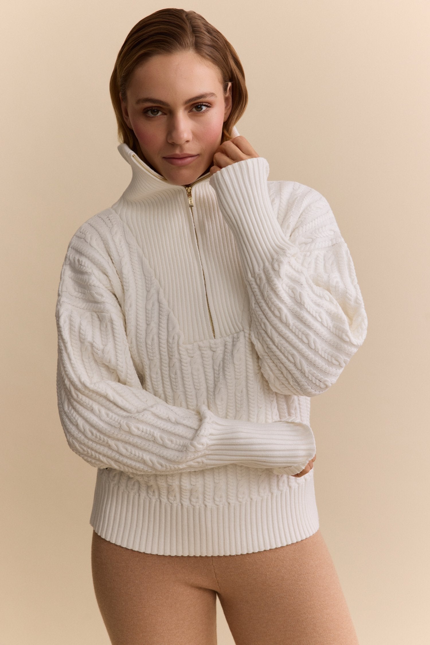 Olly Cable Knit Half Zip Sweater - Marshmellow