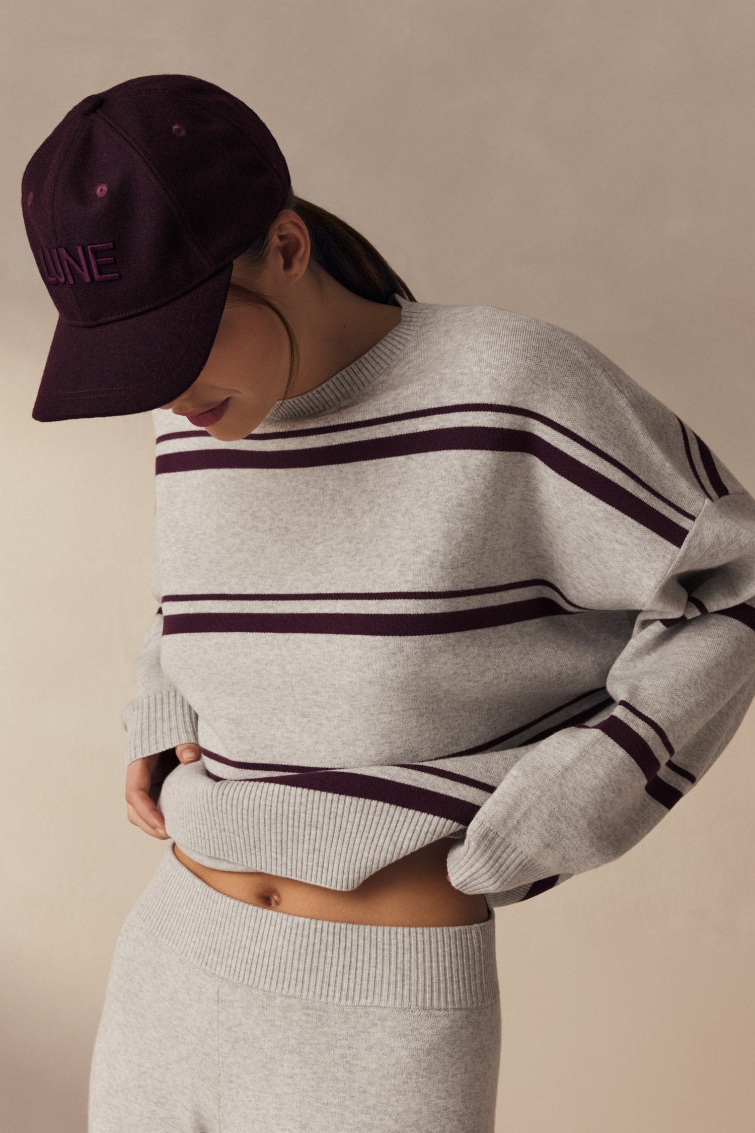 Olly Striped Crew Sweater - Grey Melange / Bordeaux