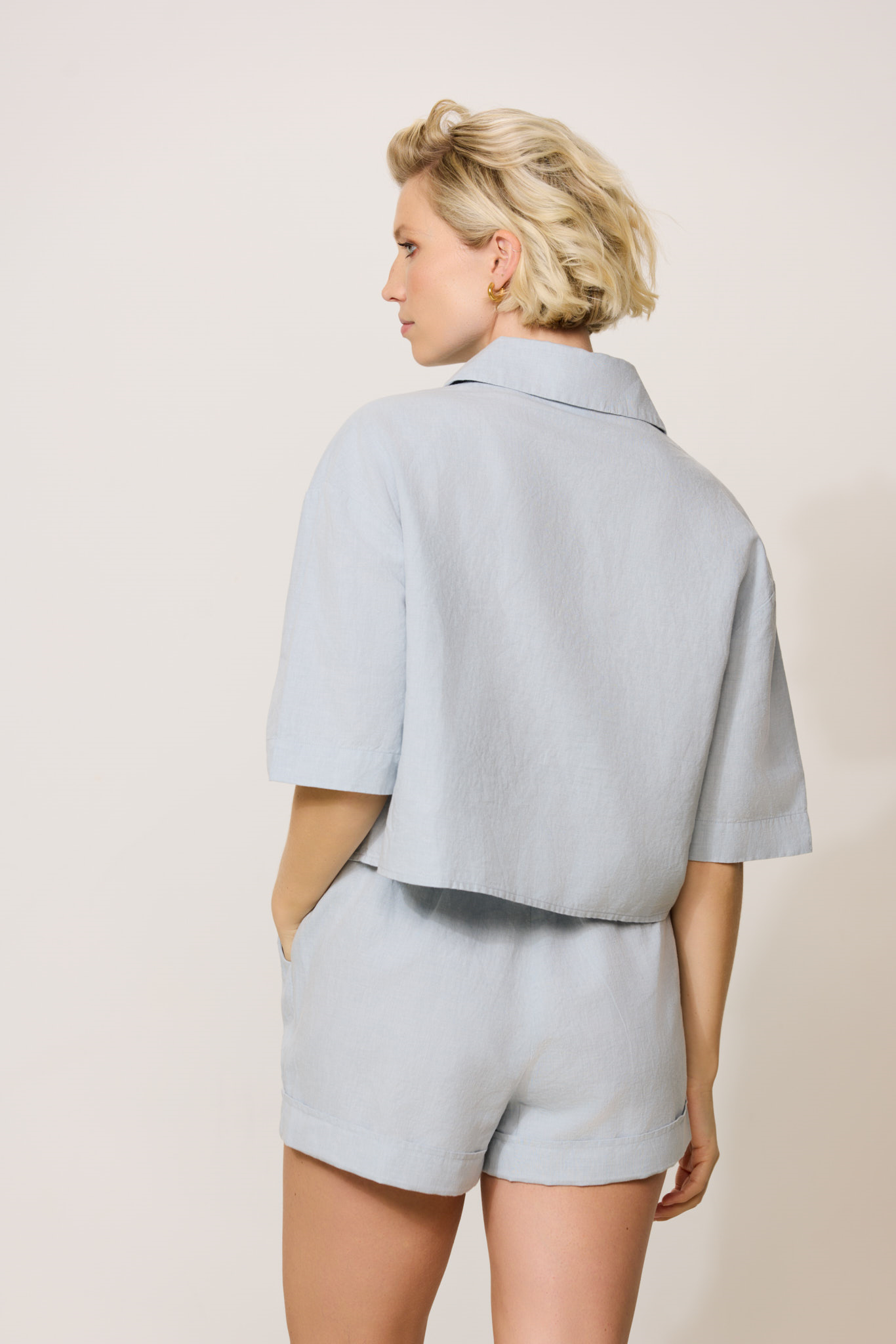 CLOVER linen blend cropped blouse - Pearl Blue
