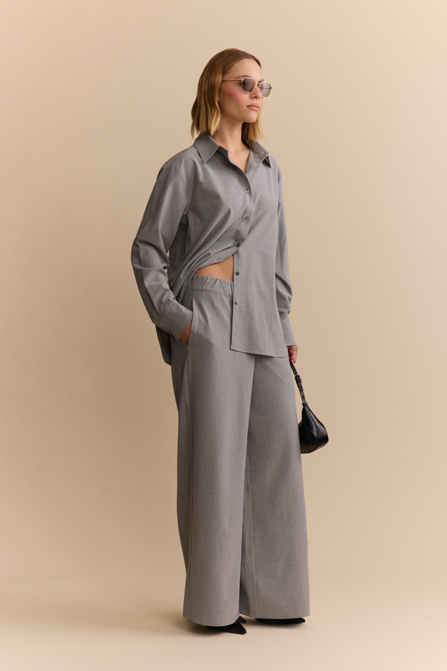 Lisa Wide Leg Pant - Grey Melange