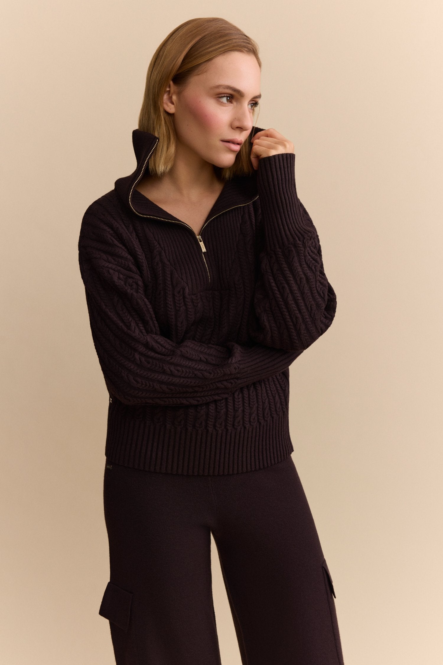 Olly Cable Knit Half Zip Sweater - Dark Espresso