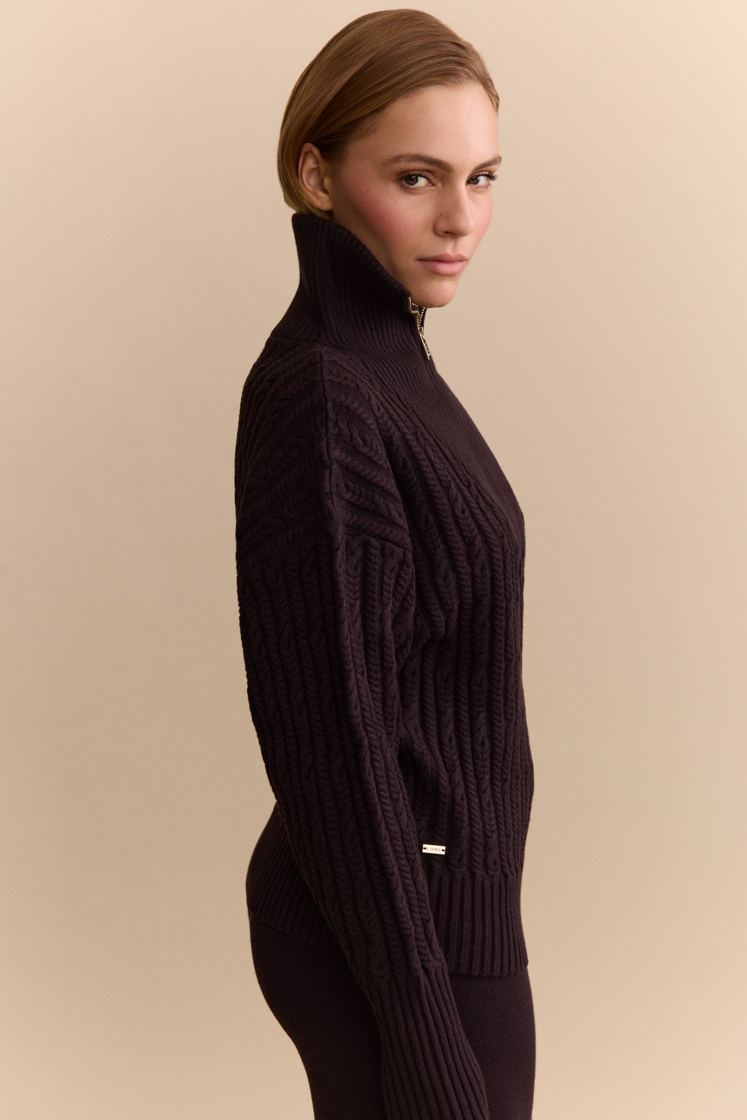 Olly Cable Knit Half Zip Sweater - Dark Espresso