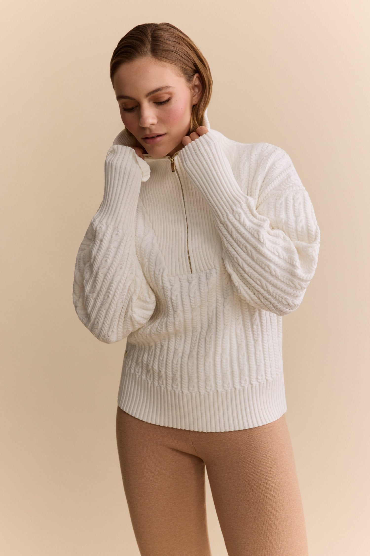 Olly Cable Knit Half Zip Sweater - Marshmellow