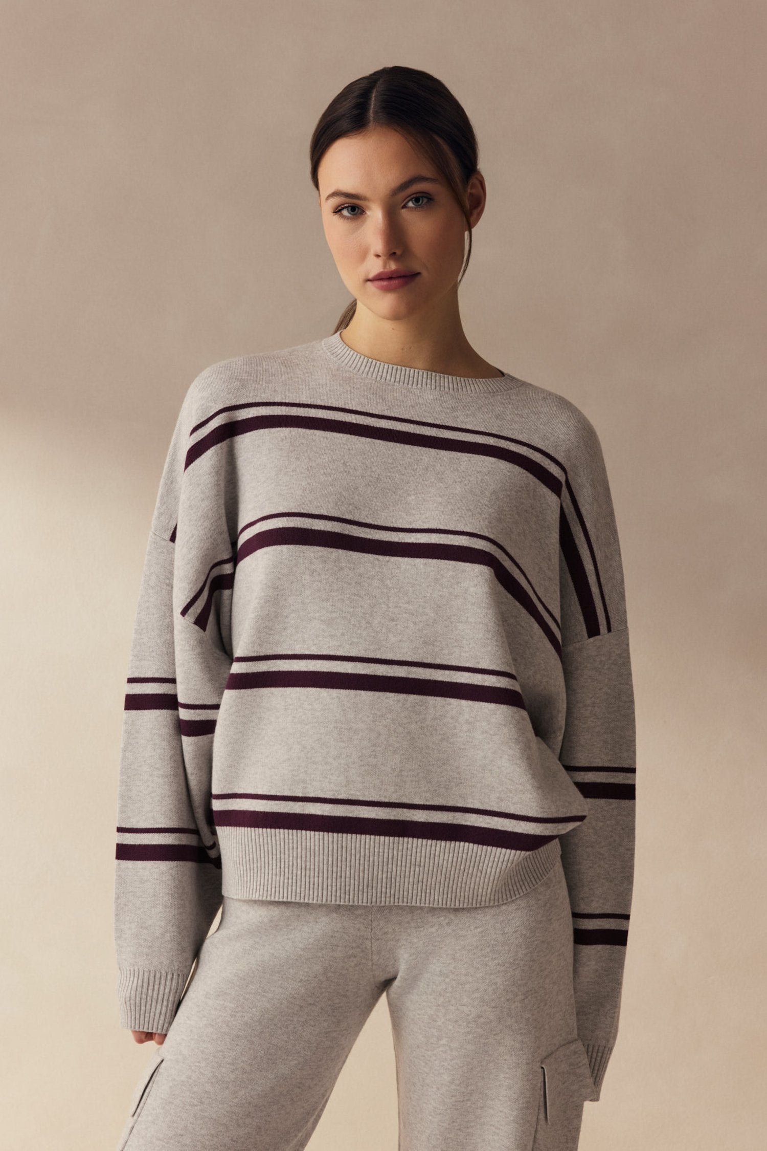Olly Striped Crew Sweater - Grey Melange / Bordeaux