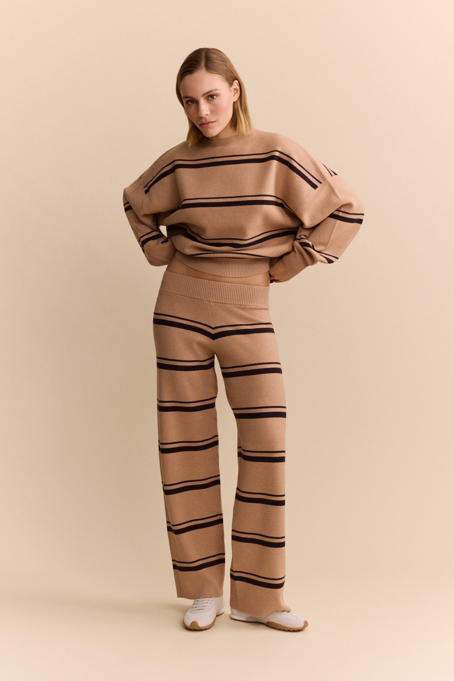 Olly Striped Crew Sweater - Camel / Espresso
