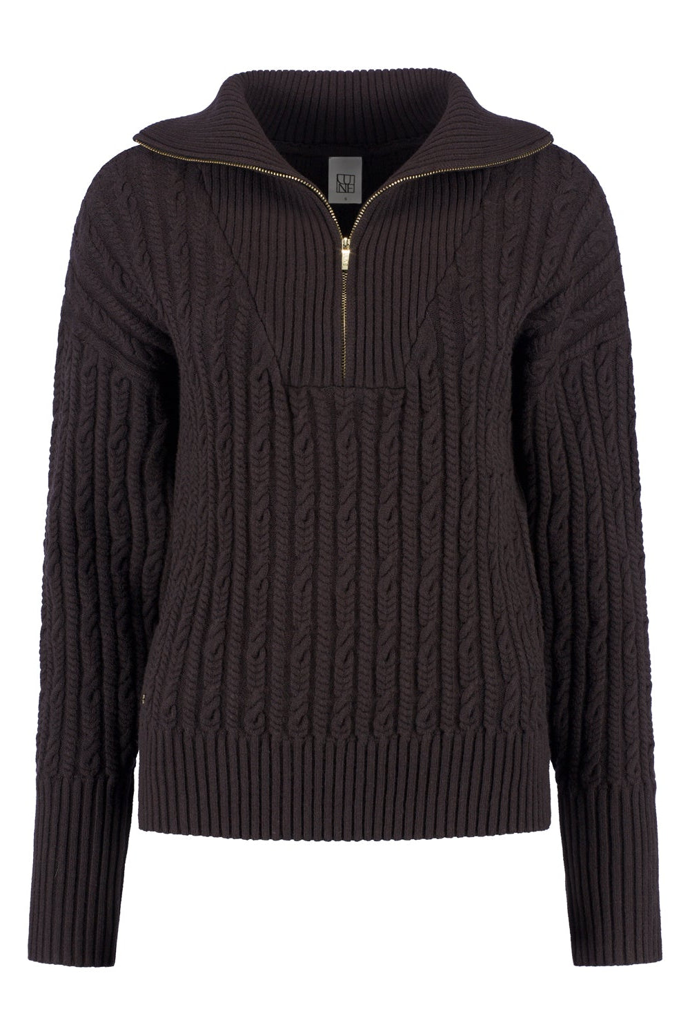 Olly Cable Knit Half Zip Sweater - Dark Espresso